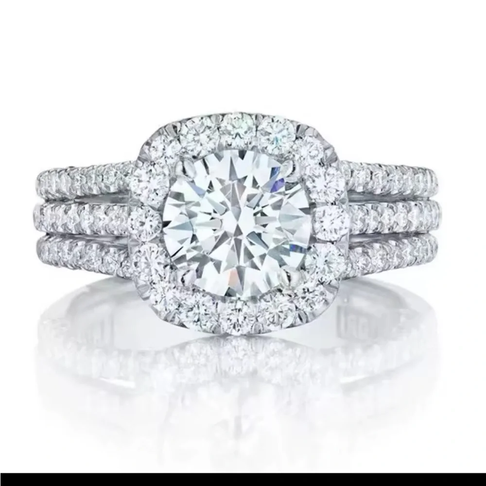 NEW! Silver Diamond Halo Ring 3 Rows Micro Pave NWT - Picture 4 of 7